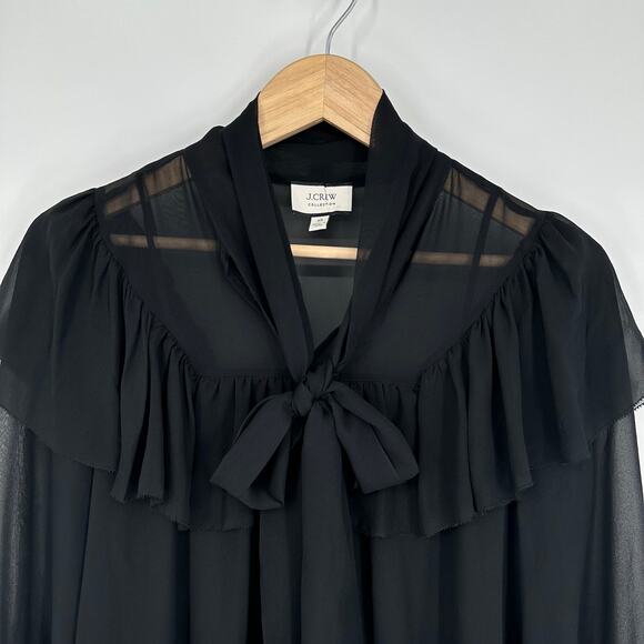 J. Crew 100% Silk Tie-Neck Chiffon Top Ruffle Semi-Sheer Long Sleeve Blouse - Picture 5 of 16
